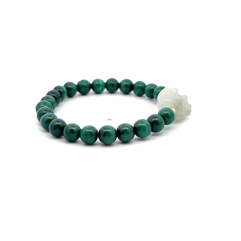Natural Malachite Gemstones Stretch Bracelet and Carved Paw Jade 18k Tiny Beads - Picture 5 of 6